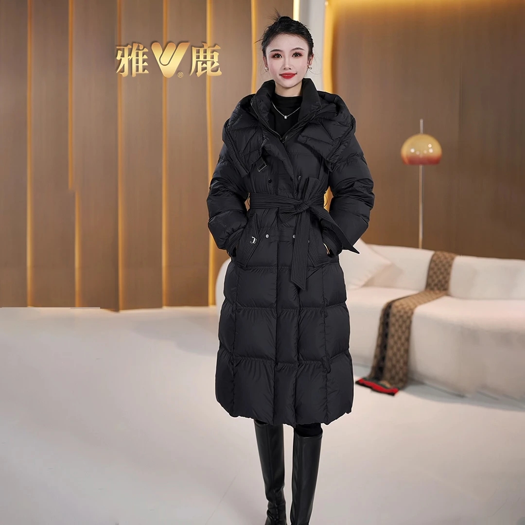 雅鹿冬季新款腰带款连帽中长款羽绒服百搭时尚加厚保暖外套