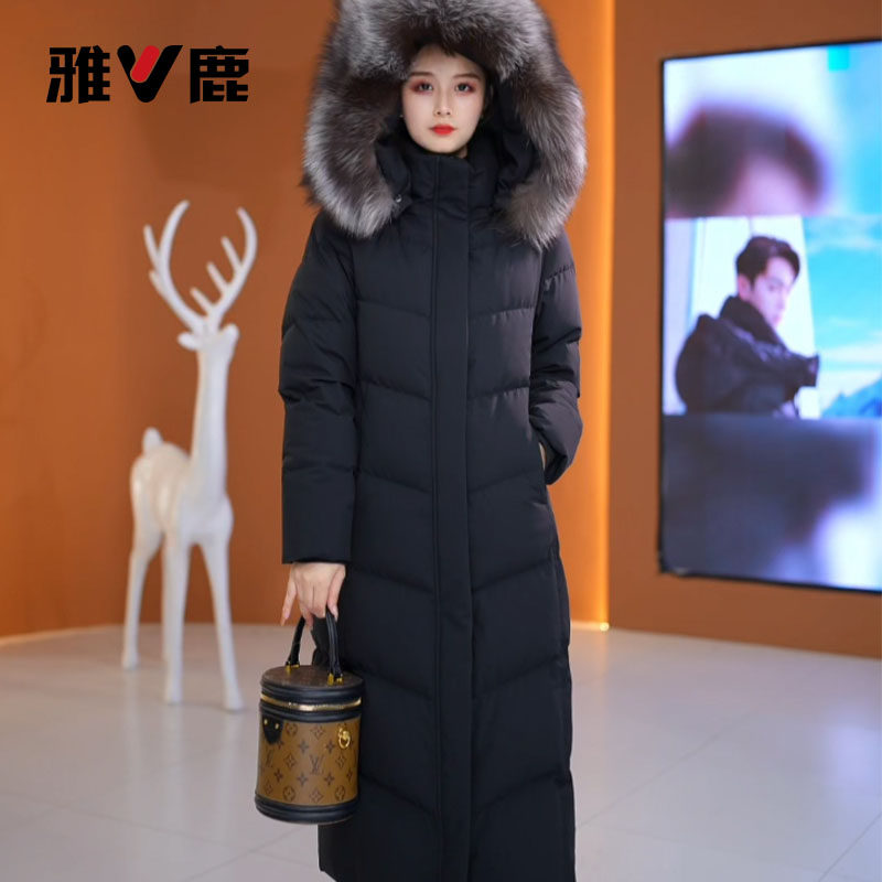 雅鹿新款白鸭绒保暖冬季中长款女士韩版羽绒服加厚大毛领