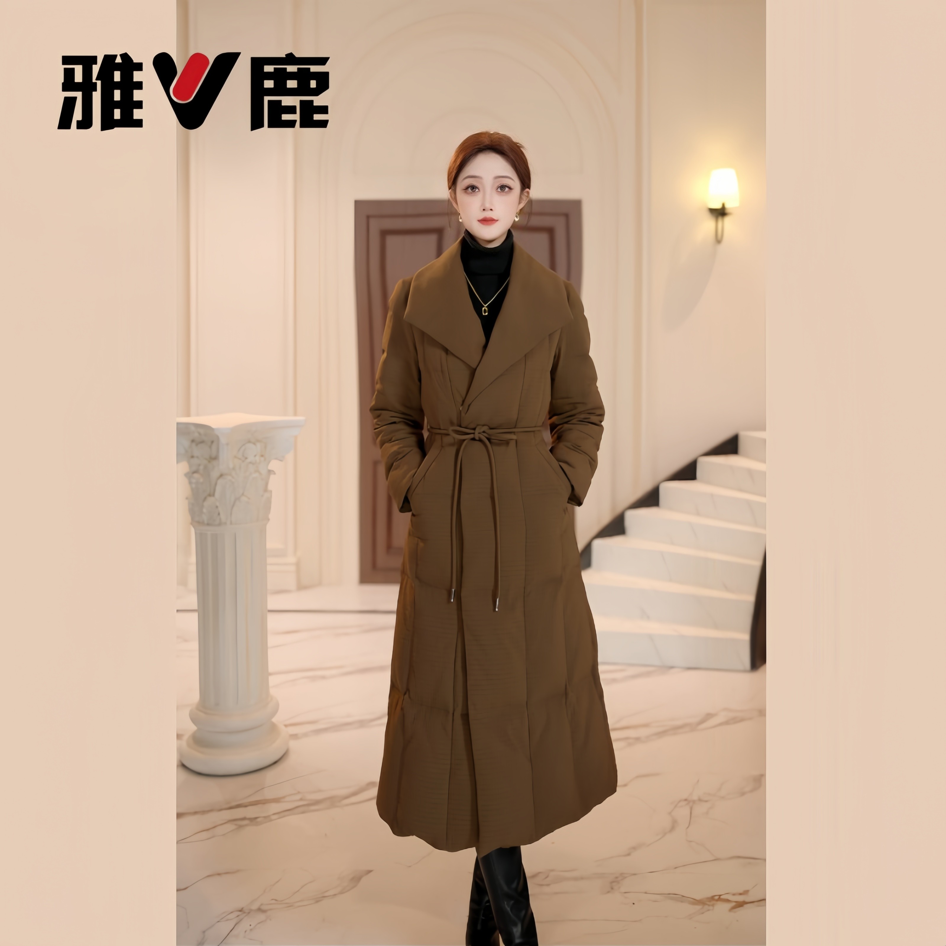 雅鹿新款收腰系绳长款女式时尚通勤保暖百搭鹅绒羽绒服