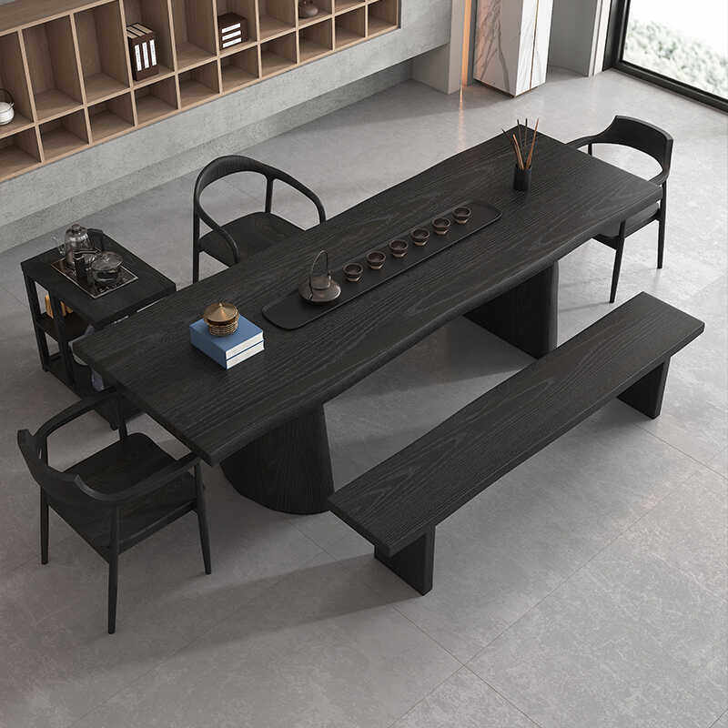 侘寂风原木大板茶桌椅组合碳化黑现代简约全实木茶台办公室会客桌