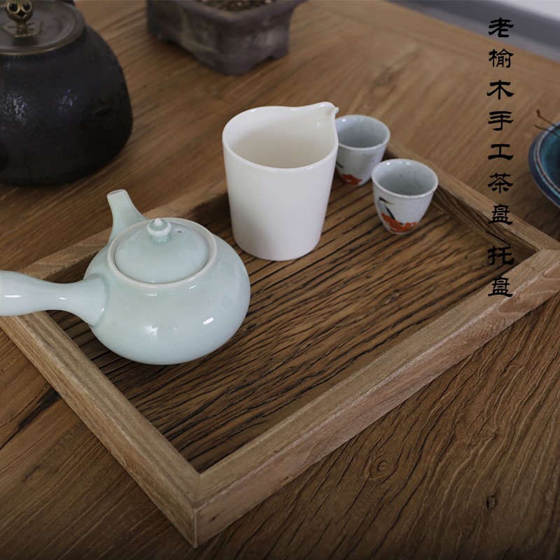 老门板干泡台全实木茶盘 风化老榆木旧门板免漆复古托盘木质茶台