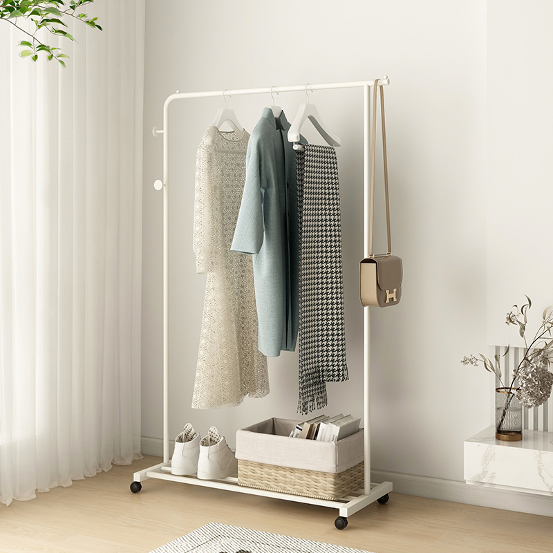 奶油风衣架落地卧室挂衣架多功能铁艺晾衣架家用可移动带轮衣帽架