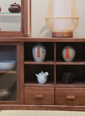 新中式榻榻米席地移门茶事柜橱柜黑胡P桃木柜实木茶边柜