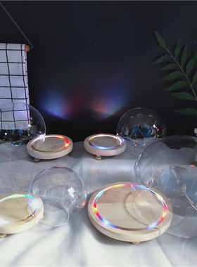 圣诞节花圆球形玻璃罩手办盲盒积木防尘罩七彩闪烁发光小夜灯