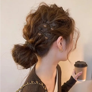 蝴蝶结发夹女咖色爱心边夹侧边前额发卡新款 刘海夹子高端头饰lx