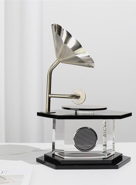 简约现代水晶复古留声机样板房售楼处软L装饰品客厅桌面金属摆件