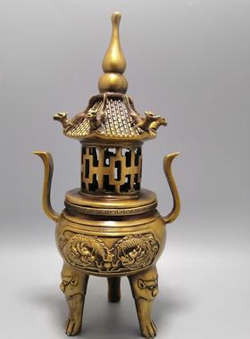 纯铜塔炉仿古炼丹炉双龙戏珠熏香炉象炉家居三体香薰用品大号黄铜