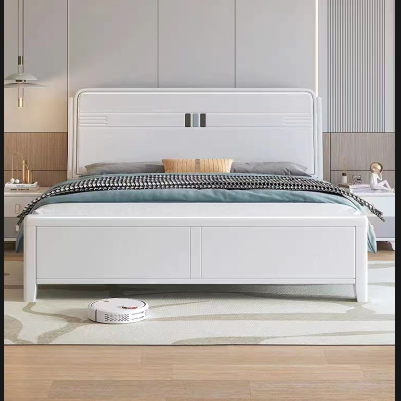 北欧白色全实木床1.8m主卧双人床奶油风小户R型带储物婚床榫卯床