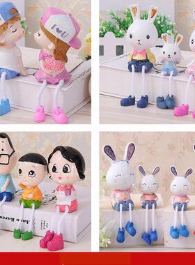 田园家居装饰品小摆件房间树脂吊脚娃娃可爱兔子一家客厅卧室创意