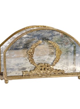 印度进口黄铜手工复古玻璃纸巾盒轻奢装饰M餐桌餐巾盒纸巾夹摆件