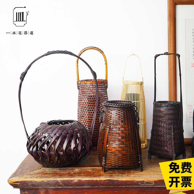 竹编小花b篮花瓶花器手工竹篮摆件篮子禅意中式日式插花器皿花艺