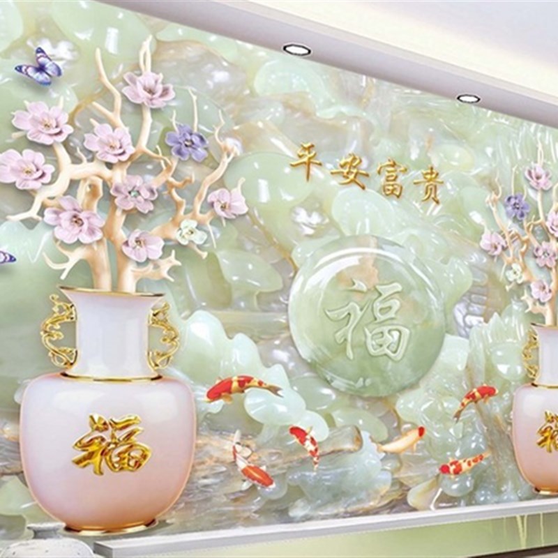 中式瓷砖背景墙客m厅电视背景墙瓷砖画3d微晶石陶瓷墙平安富贵瓶