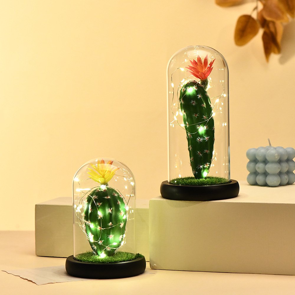 创意仙人掌玻璃罩氛围小夜灯 家居仿真绿植装饰品 桌面发光小摆件