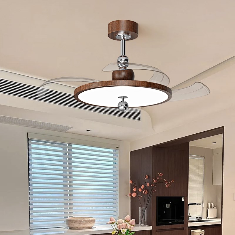 隐形吊扇灯中古风饭厅吊扇灯复古胡桃木色卧室R一体静音电风扇灯
