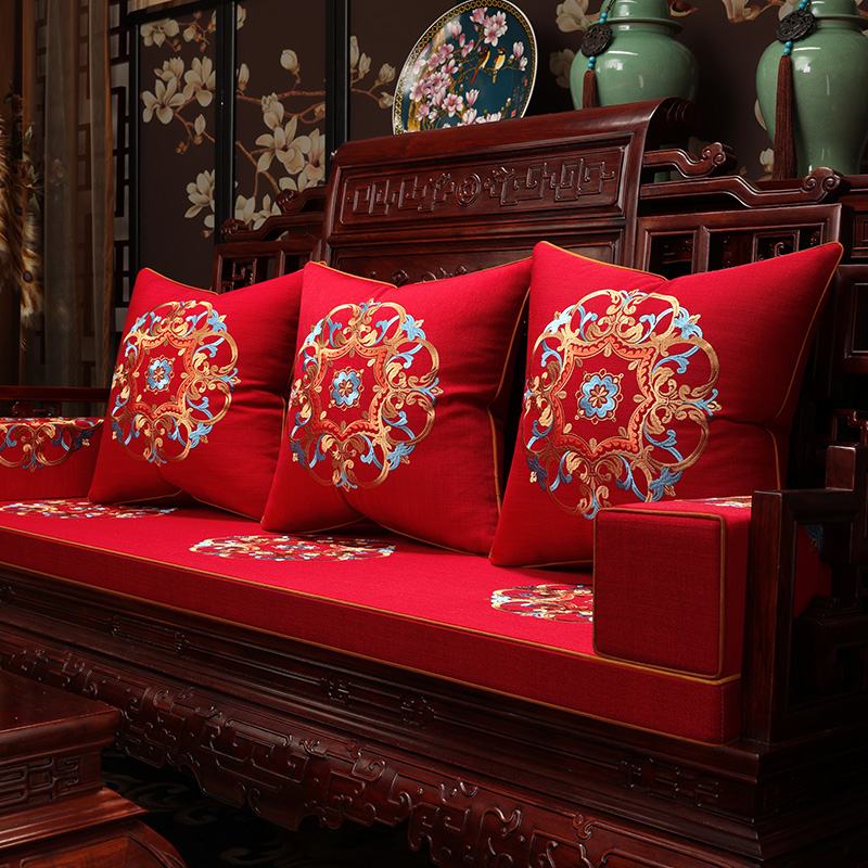 新中式红木沙发坐垫实p木家具垫子中国风棉麻刺绣罗汉床五件套定