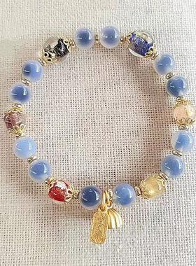 白色糖心玛瑙多宝金箔转运珠莲蓬手链香灰瓷琉璃半糖手串情侣饰品