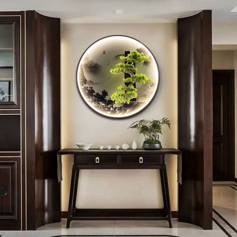 新中式中国风迎客松山水装饰画 LED氛围景观客厅玄关走廊过道挂画