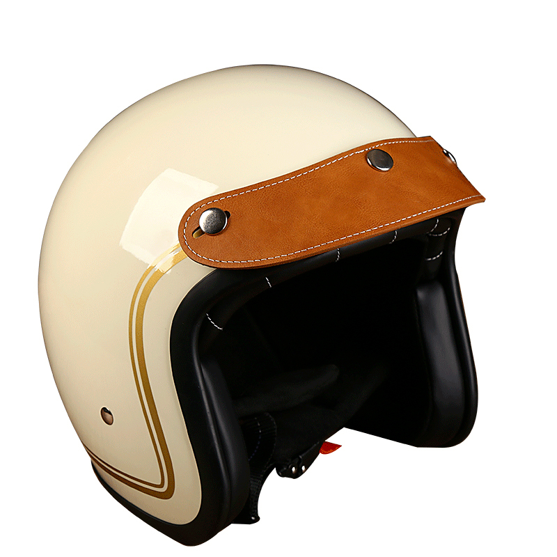 复古安全帽PU皮帽檐4/3半盔飞行盔机车跑车安全帽通U用3按扣装饰