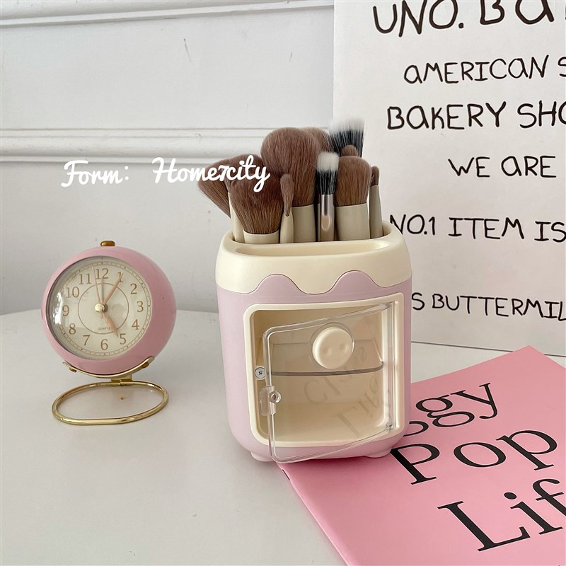 Home7city可爱小r猪笔筒粉色蓝色大容量可开门式猪猪化妆刷收纳桶