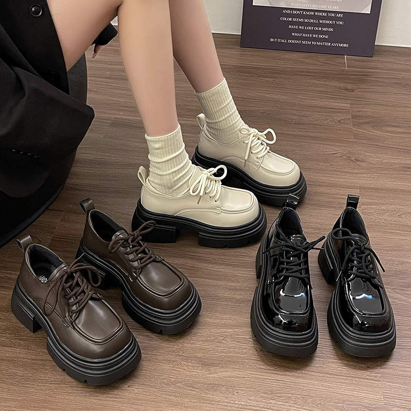英伦风粗跟小皮鞋2023秋季新款洋派复古厚底增高休U闲韩式系带单