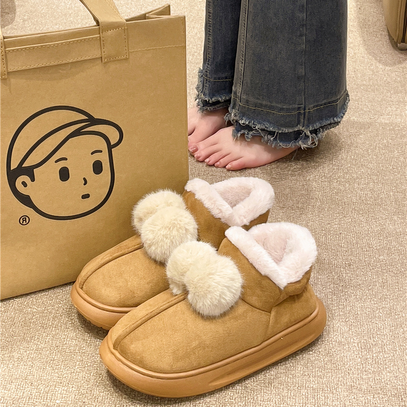 可爱毛球棉拖鞋女冬季室内居家毛绒月子厚底包跟防滑X保暖棉鞋外