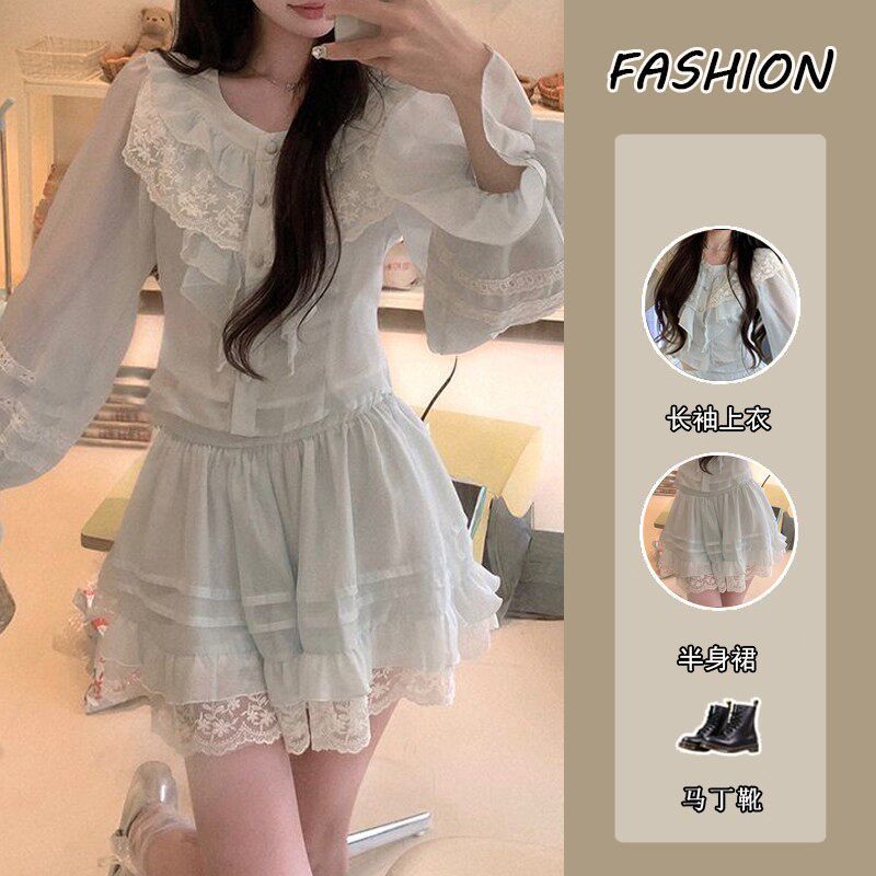 秋季搭配一整套2026新款韩系荷叶蕾丝拼接圆领长袖上衣半身裙套装