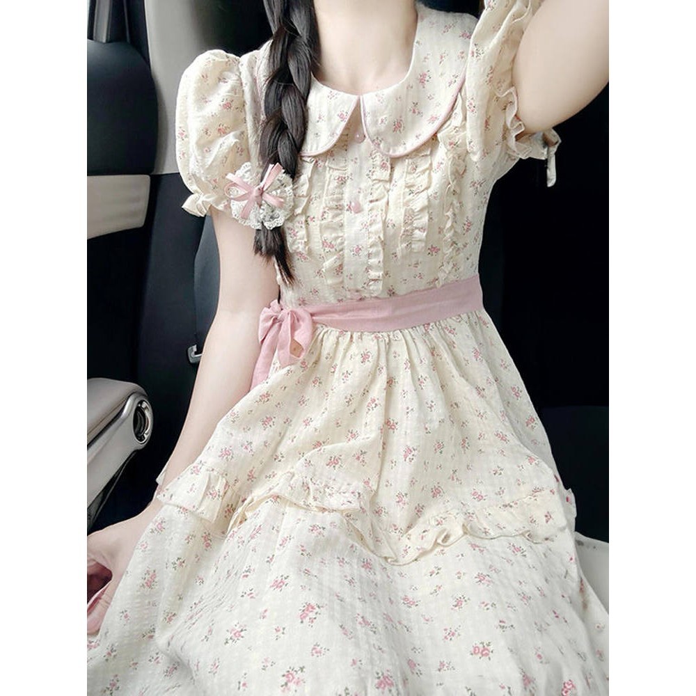 甜美奶fufu娃娃领碎花连衣裙女夏季初恋小个子公主裙收腰蓬蓬裙子