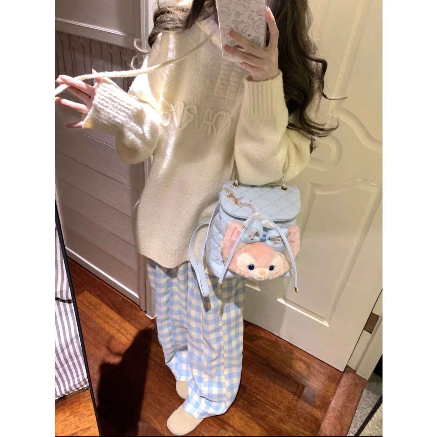 秋冬米白色甜美连帽长袖毛衣外套