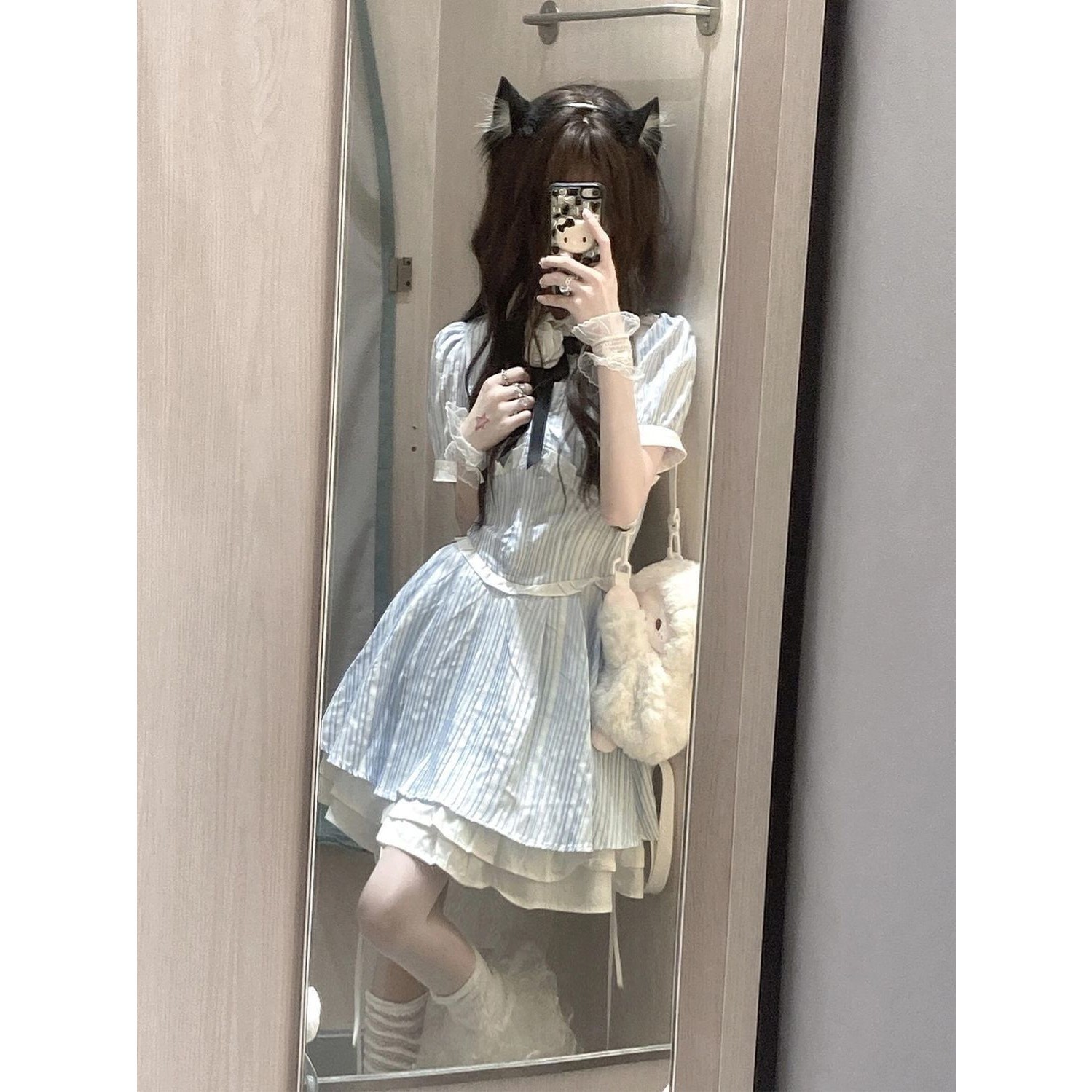 小个子蓝白学院条纹衬衫连衣裙夏季清纯少女公主裙收蛋糕蓬蓬裙