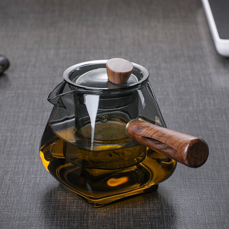 沐风泡茶壶玻璃茶壶电陶炉专用煮茶器耐高温木柄侧把壶花草壶耐热