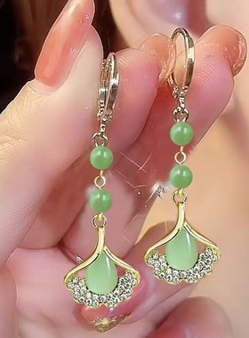 新款银杏叶耳环女绿色猫眼石耳坠高级2025时尚优雅气质长款耳饰潮