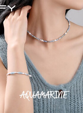 蓝色串珠天然淡水珍珠项链2024新款爆款夏天海蓝宝锁骨链女高级感