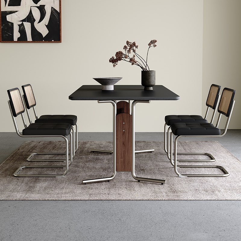 黑色复古岩板餐桌家用现代简约长方形岩板长餐桌椅实木不锈钢餐桌