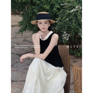 泡芙·美丽衣橱【银箔情书】慵懒法式撞色领丝绒无袖背心女