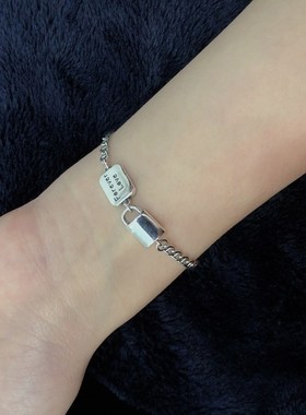 S925纯银坦克链滴胶锁头手链ins小众设计简冷淡风复古泰银手饰女