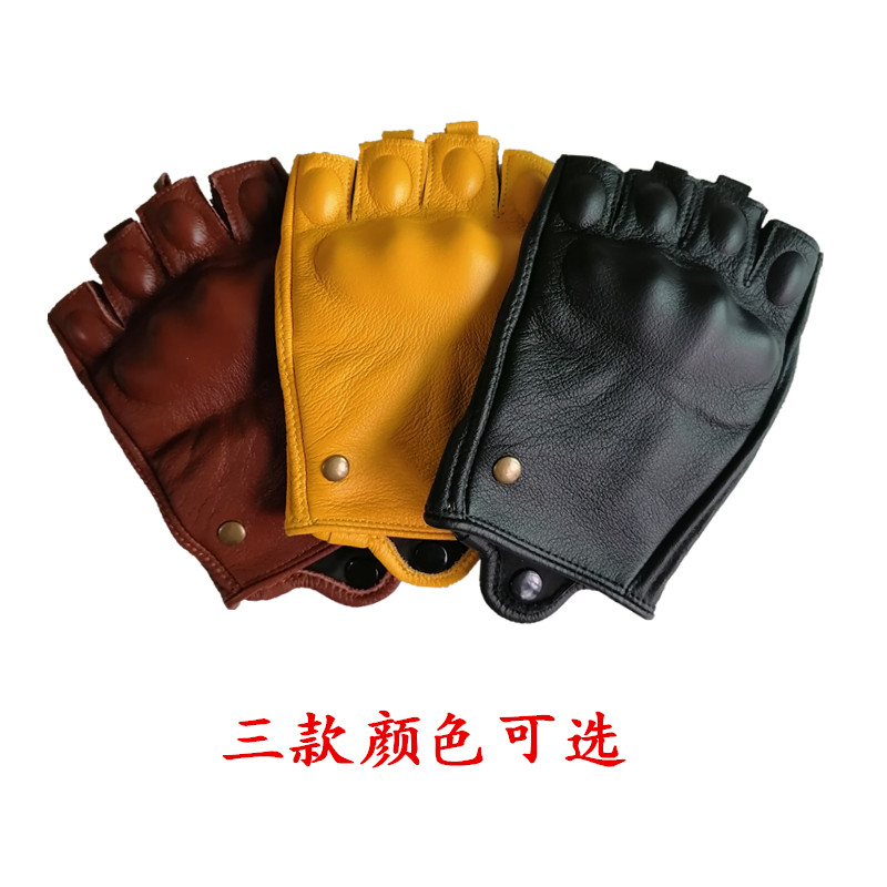 哈雷摩托a车牛皮夏季半指减震骑士棕色防摔复古防水骑行女手套