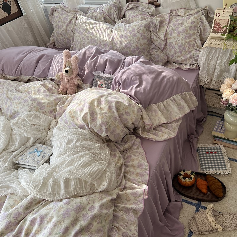 法式花边A类床上四件套新款碎花床裙被套罩床单宿舍X床品三件套4