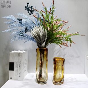 现代高档琥珀色琉璃花瓶样板间轻奢摆件餐桌装 饰品客厅花器插花