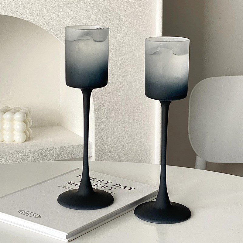 复古磨砂黑色高脚杯家用轻奢w高级感玻璃红酒葡萄酒杯喝香槟酒杯