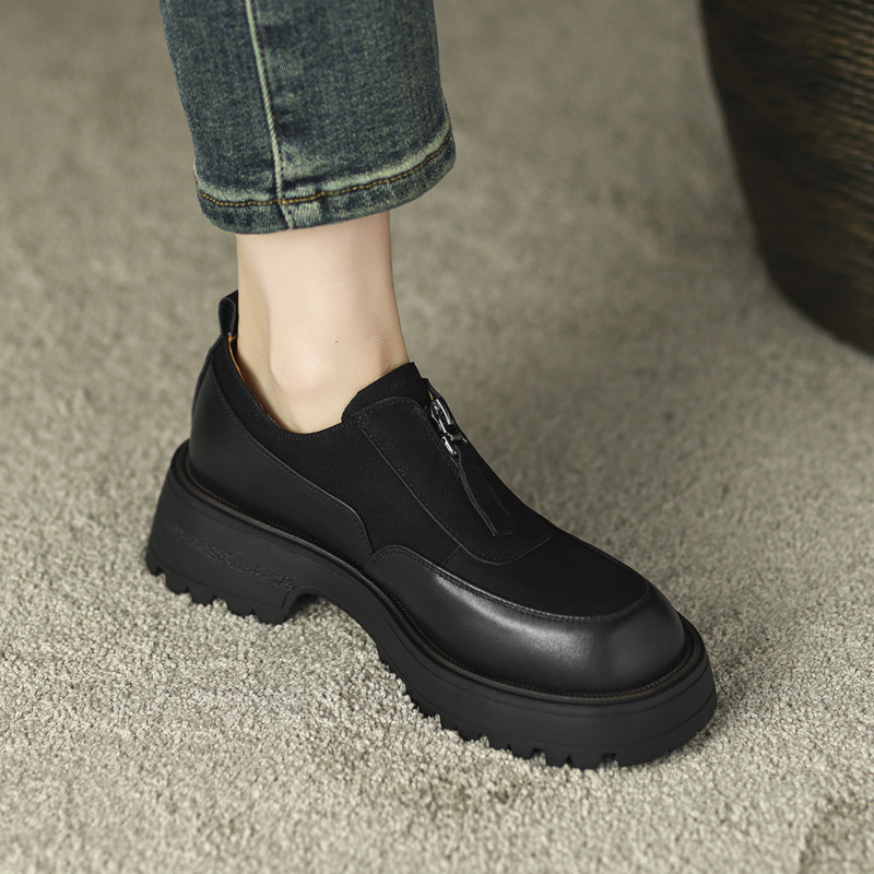 2023春季新款真皮厚底拼色前拉炼小皮鞋女坡O跟松糕底复古擦色单