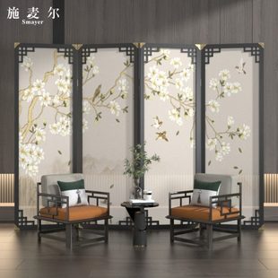 实木折叠移动屏风客厅玄关隔断装 新中式 饰办公室大厅创意花鸟折屏