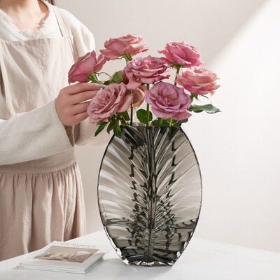 轻奢原色玻璃花瓶摆件样板间软装饰品客厅水养玫瑰花插花器高级感
