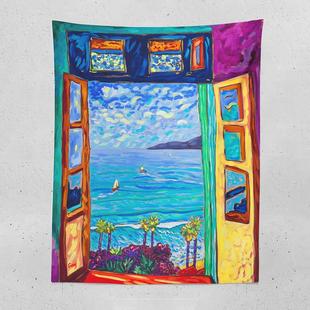海边窗户马蒂斯艺术特色挂布色彩鲜艳墙布宿舍床头背景装 饰布