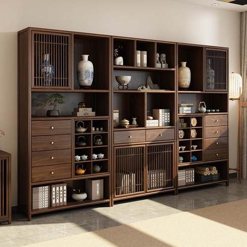 北美黑胡桃木博古架新中式实木茶室茶台隔断柜茶具收纳柜展示柜