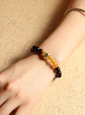 【原创设计】天然小叶紫檀手链蜜蜡手串和田玉纯银生肖貔貅文艺女