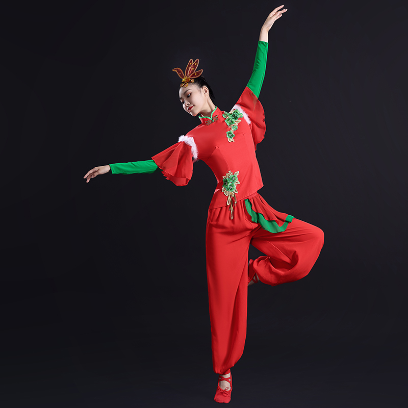 2023冬季新款长袖秧歌舞蹈服装红色喜庆打鼓服套装扇子舞演出服女