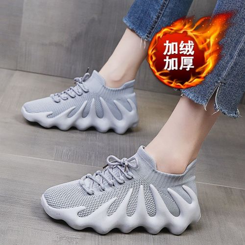 加绒飞织运动鞋女冬季八爪鱼火山老爹鞋大尺码41-43薄绒女鞋百搭