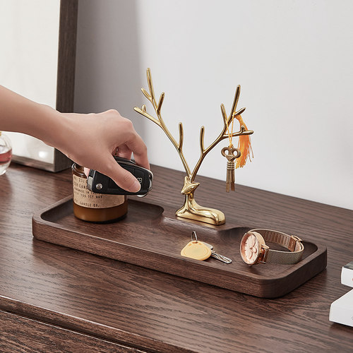 进门门口挂钥匙收纳盒摆件轻奢桌面玄关鞋柜置物架黑胡桃实木托盘