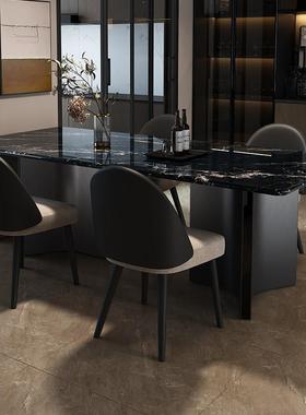 国补小户型意式极简纯黑色大理石长方形餐桌椅组合家用现代饭桌子