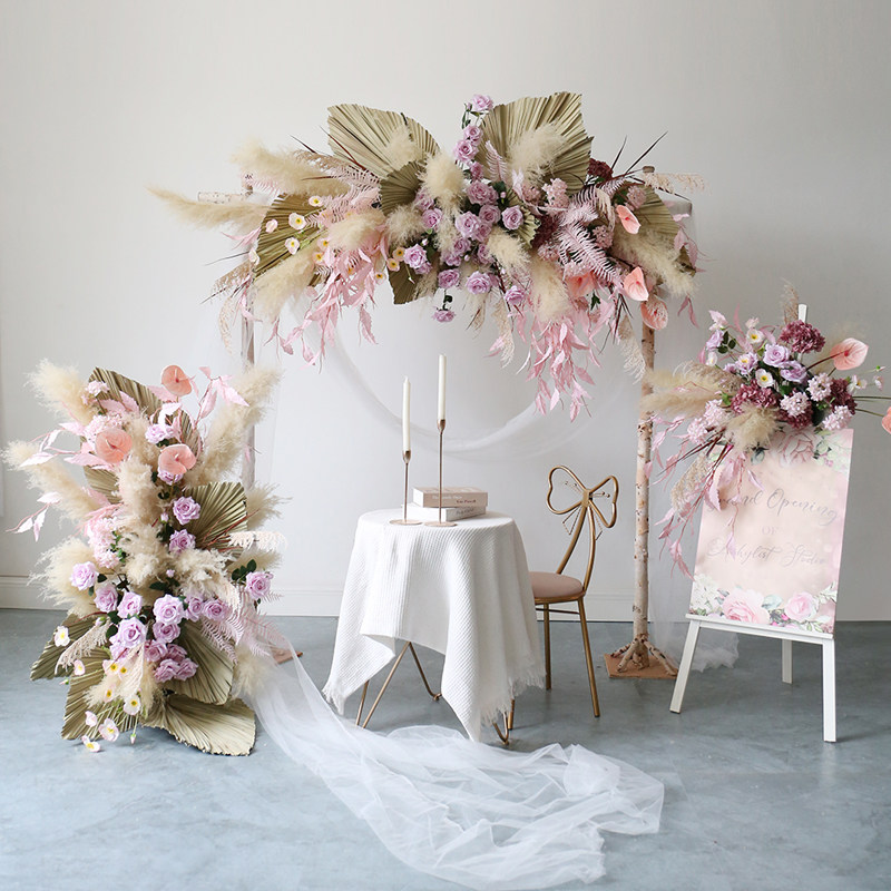 芦苇干花橱窗壁挂装饰插花仿真玫瑰婚庆活动背景花艺定制迎宾花卉